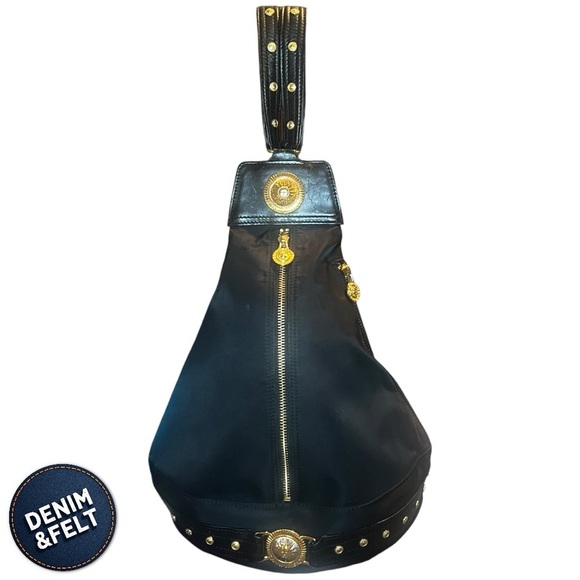 Versace Unisex Black & Gold Nylon Sun Logo Studded Backpack | EUC!! 💛🖤💛🖤 - Picture 2 of 16